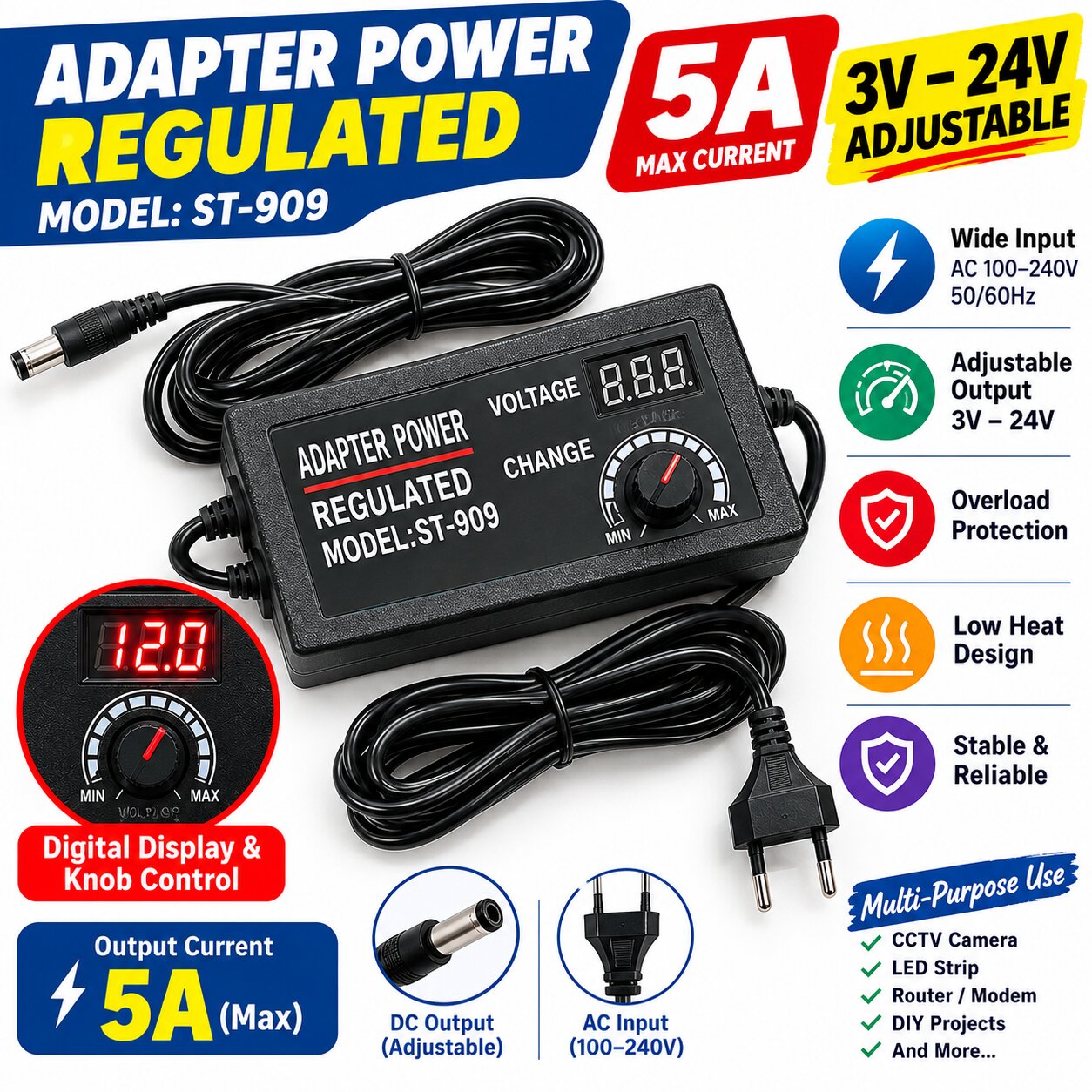 DC 3-24V 5A Adjustable Power Adapter with LED Voltmeter Variable 775 Motor Power Supply AC 220V to DC 24V Lighting Power Supply for LED Light 775 DC Motor Audio Amplifier LED TV
