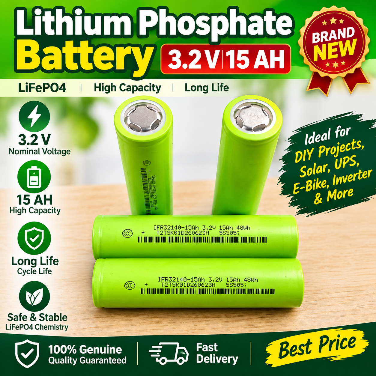 Lithium Phosphate LiFePO4 Battery Cell 3.2V 15Ah 48Wh – 32140 High Capacity Rechargeable Battery