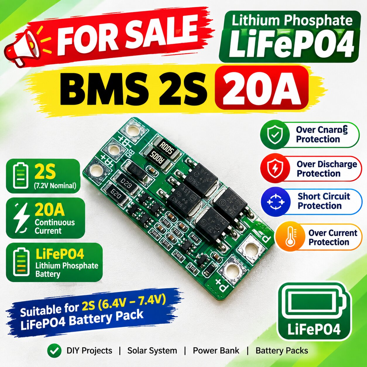 Lithium Phosphate LiFePO4 Battery BMS 2S BMS 20A Balance 32140, 32700 BMS PCM for Lifepo4 Battery Cell Pack Charging 2S 20A Lifepo4 Battery